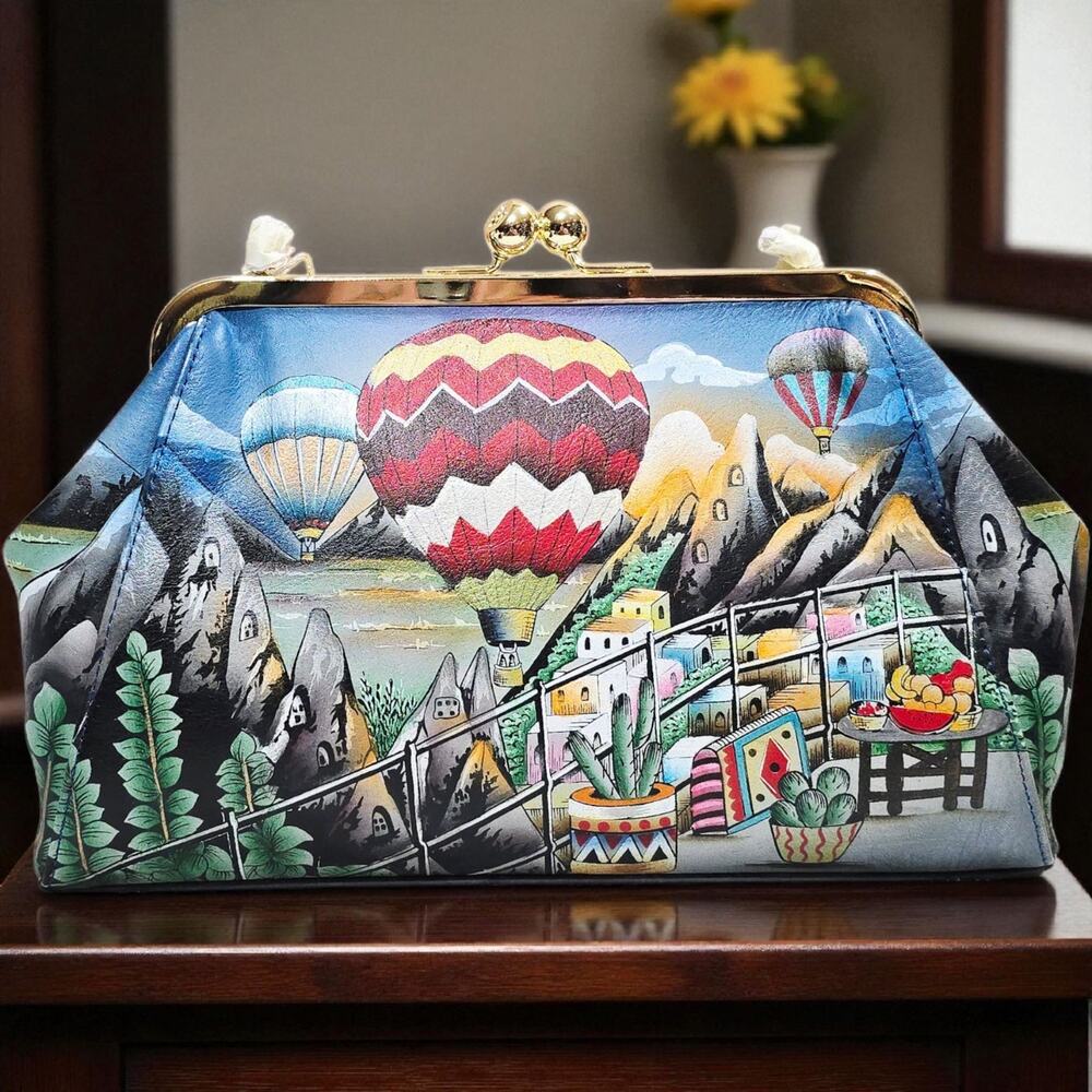 Anuschka Hot Air Balloon Hand-Painted Leather Kiss Lock Clutch Crossbody Purse‎